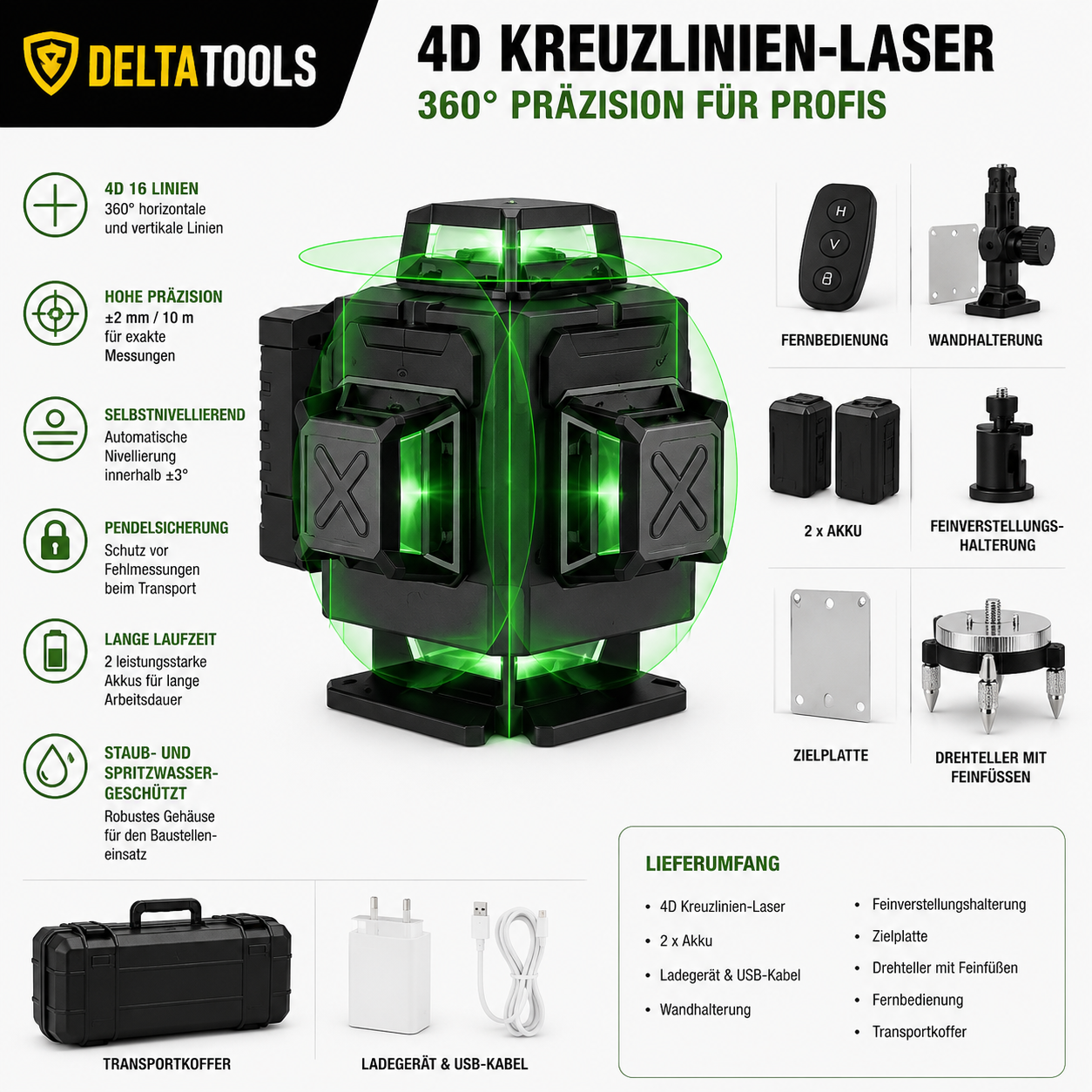 16 Linien 4D Laser oder 12 Linien 3D Level 360 °  Laser, Selbstnivellierend, Grünlaser