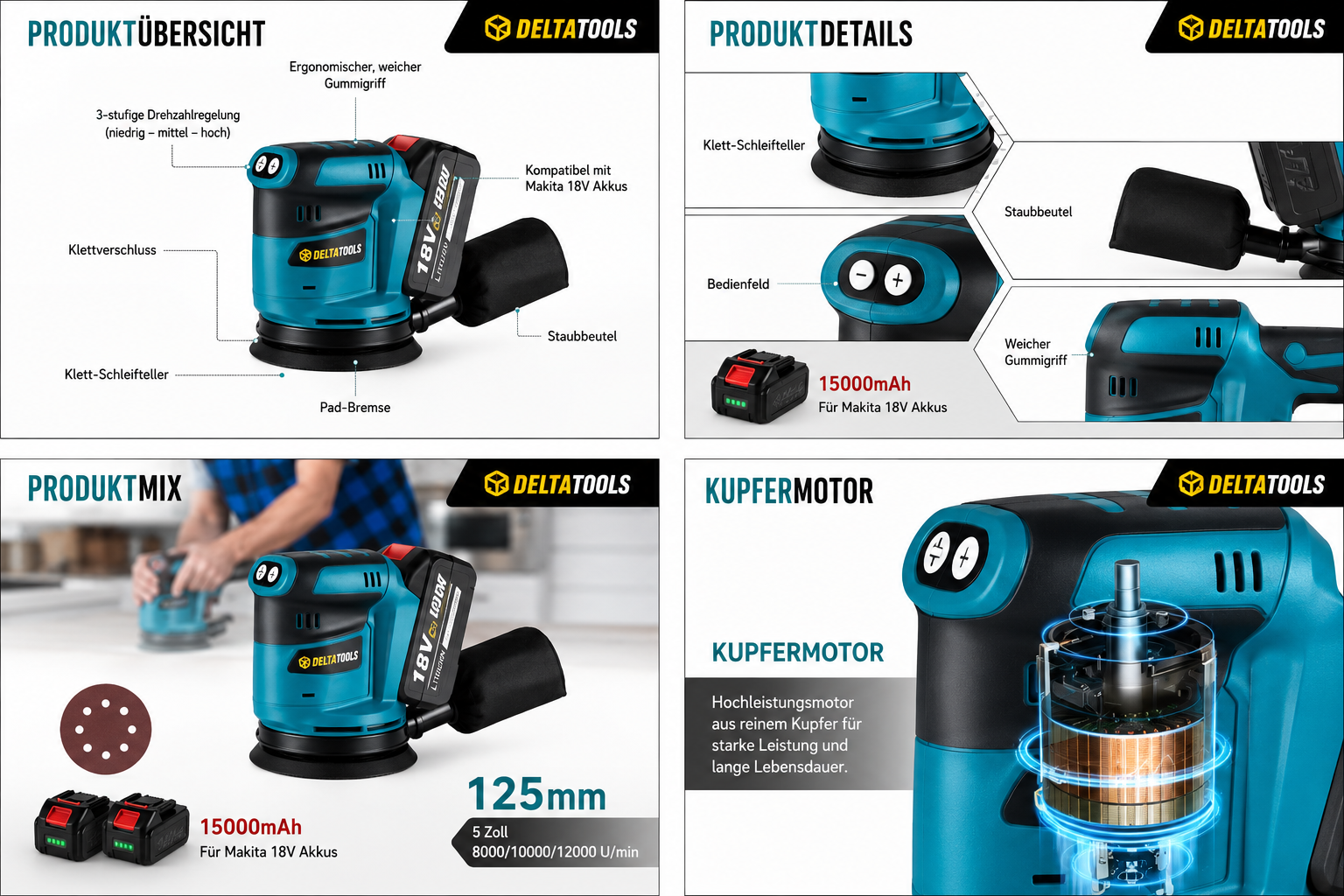 Akku Exzenterschleifer 125mm – Solo, für Makita Akku