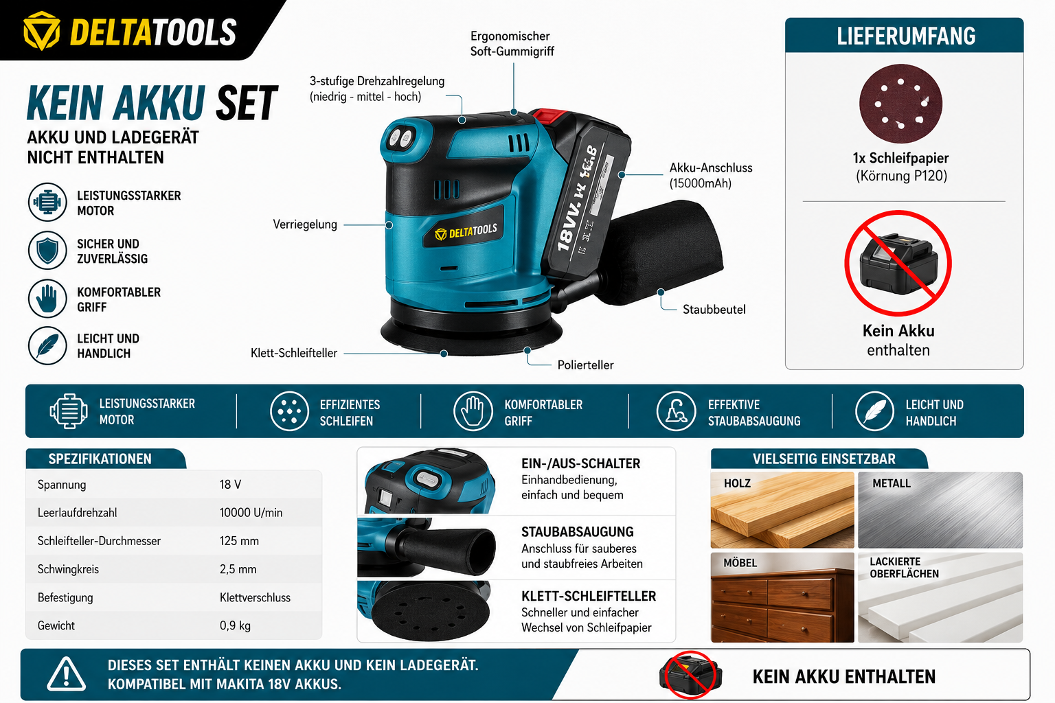Akku Exzenterschleifer 125mm – Solo, für Makita Akku