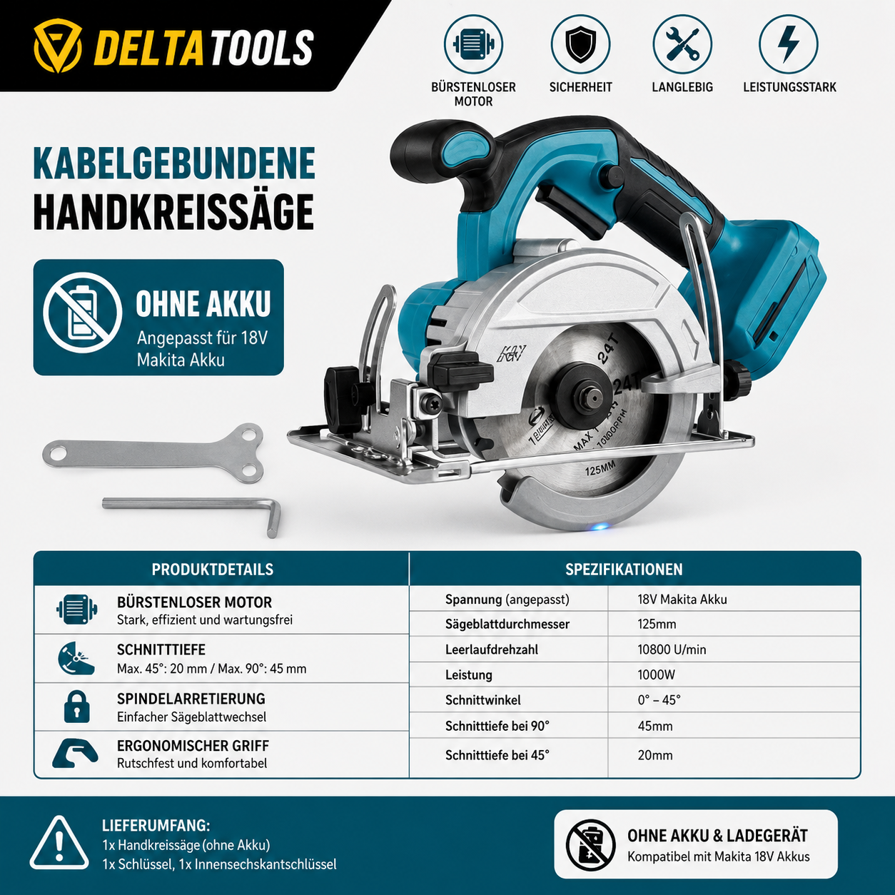 125mm Mini Akku Kreissäge 0-45°  für Makita 18V Akkus