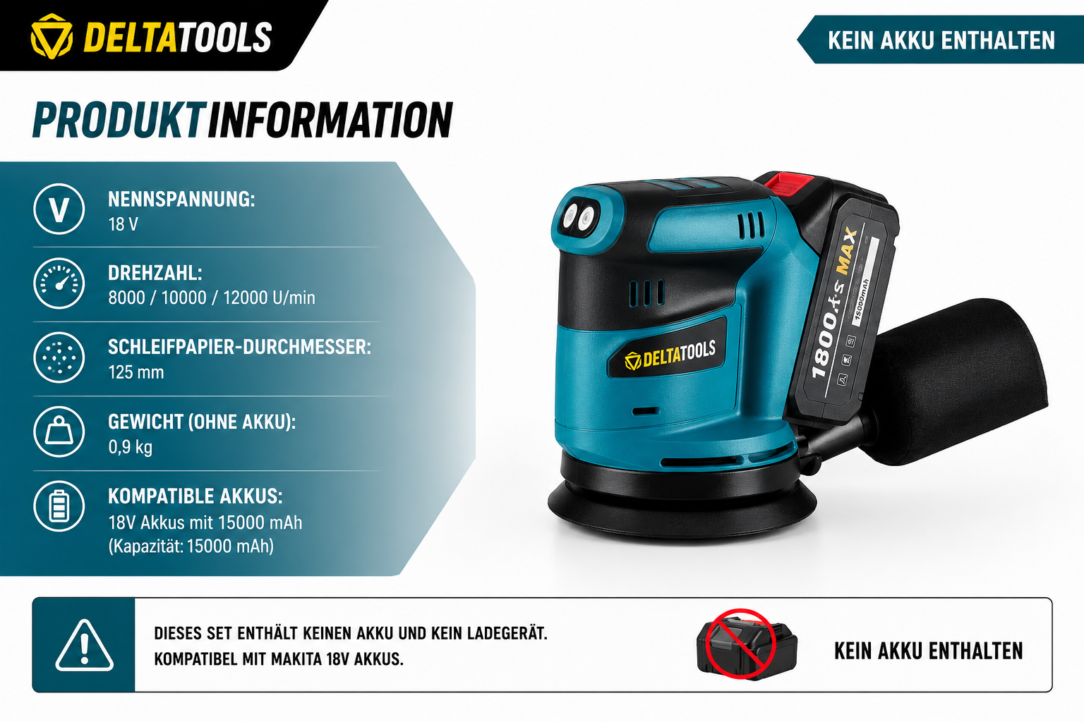 Akku Exzenterschleifer 125mm – Solo, für Makita Akku
