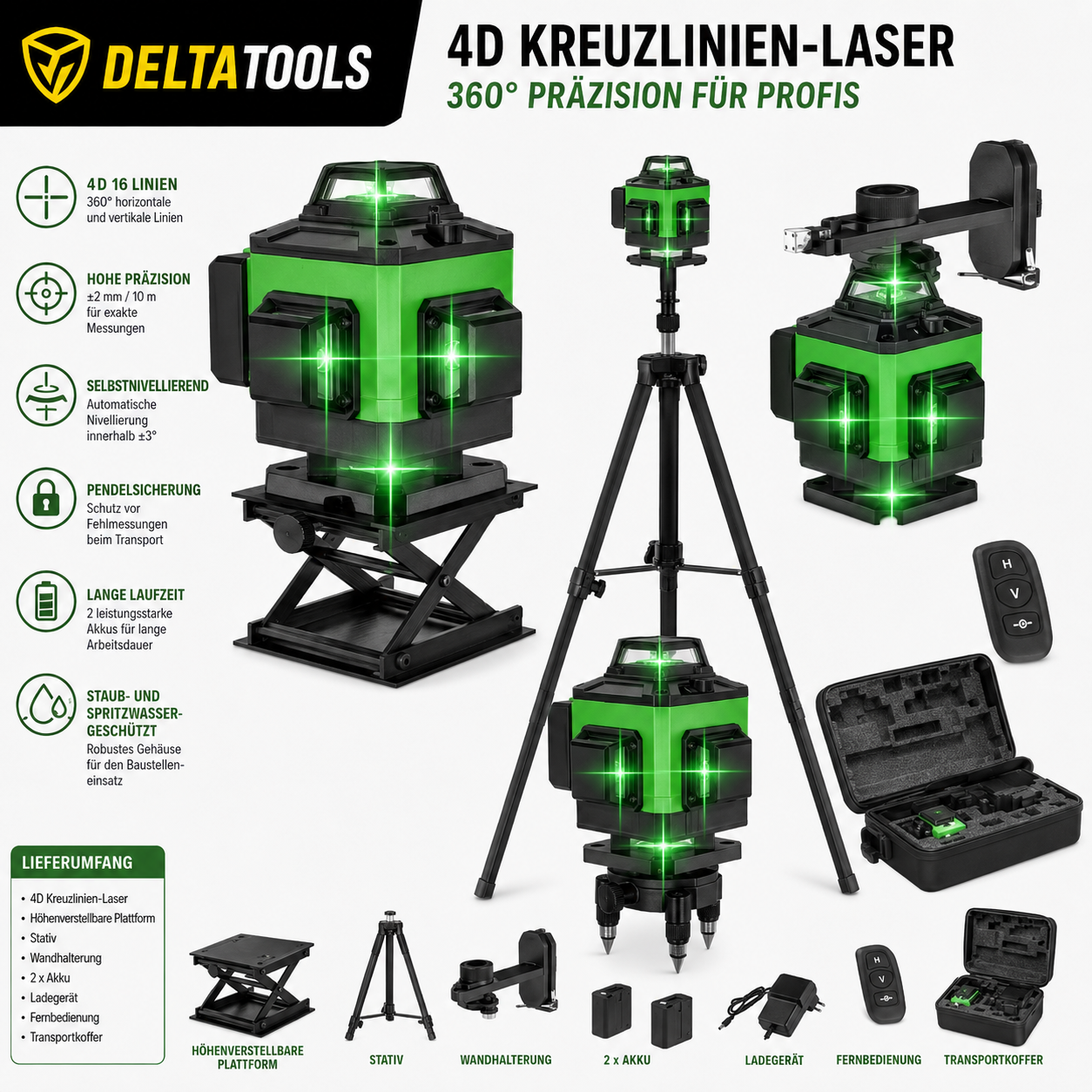 16 Linien 4D Laser oder 12 Linien 3D Level 360 °  Laser, Selbstnivellierend, Grünlaser
