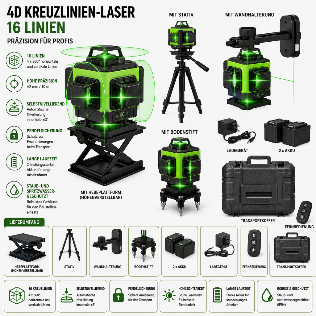 16 Linien 4D Laser oder 12 Linien 3D Level 360 °  Laser, Selbstnivellierend, Grünlaser