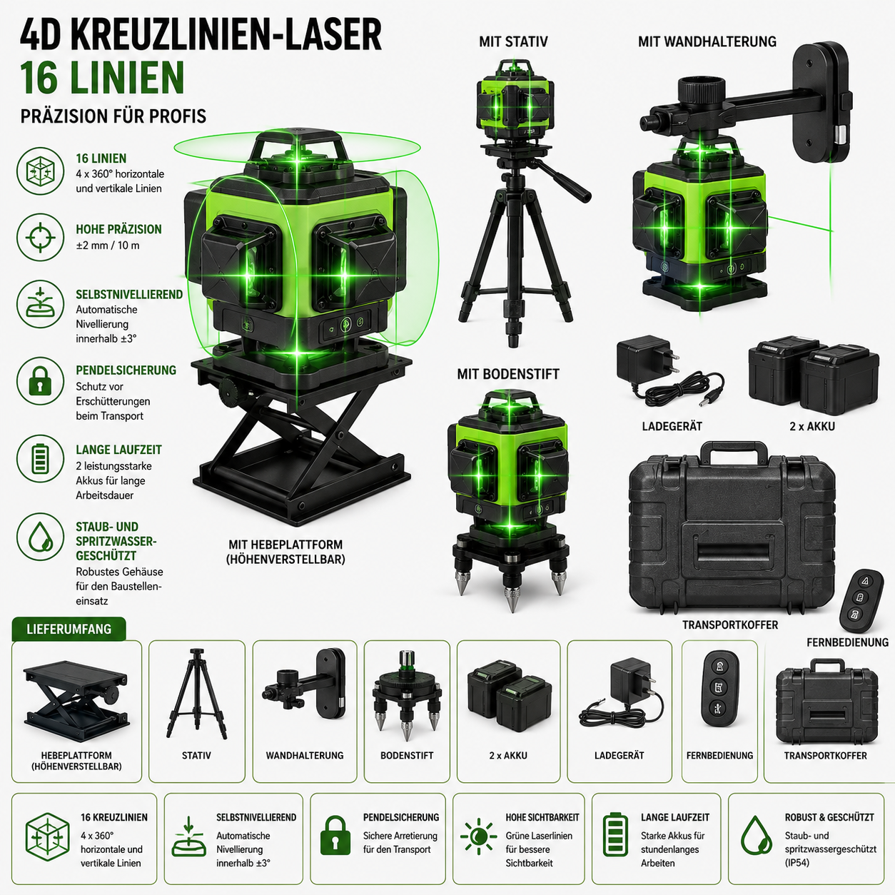16 Linien 4D Laser oder 12 Linien 3D Level 360 °  Laser, Selbstnivellierend, Grünlaser