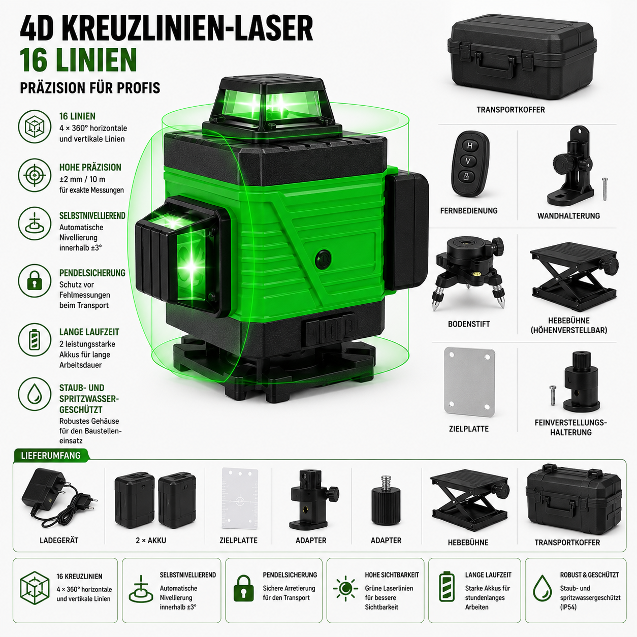 16 Linien 4D Laser oder 12 Linien 3D Level 360 °  Laser, Selbstnivellierend, Grünlaser