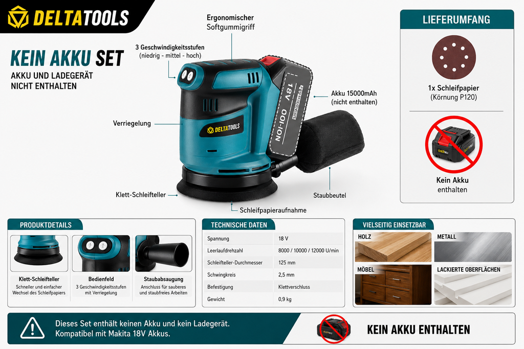 Akku Exzenterschleifer 125mm – Solo, für Makita Akku