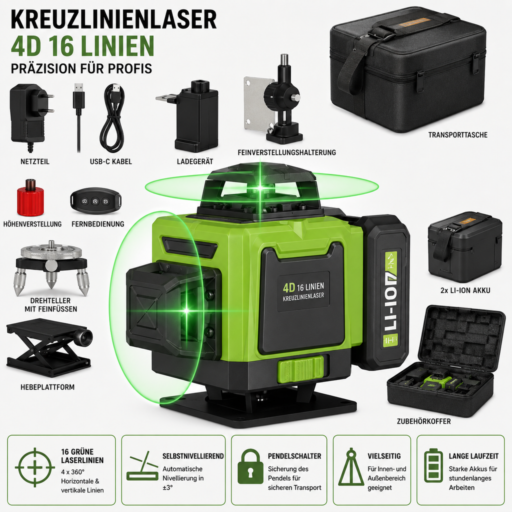 16 Linien 4D Laser oder 12 Linien 3D Level 360 °  Laser, Selbstnivellierend, Grünlaser