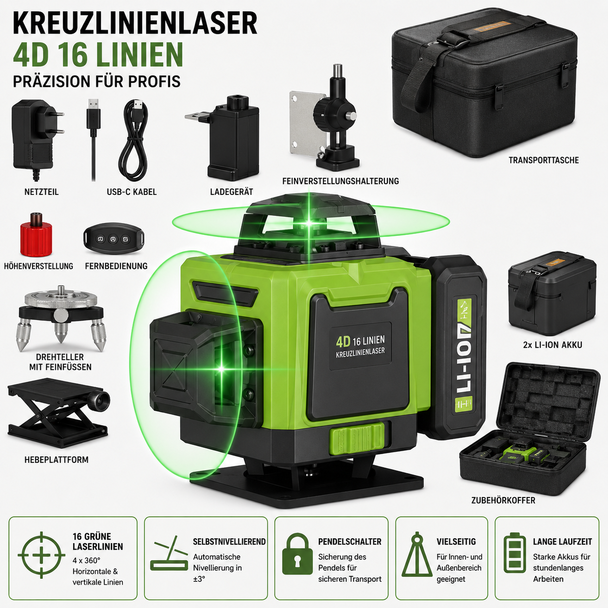 16 Linien 4D Laser oder 12 Linien 3D Level 360 °  Laser, Selbstnivellierend, Grünlaser